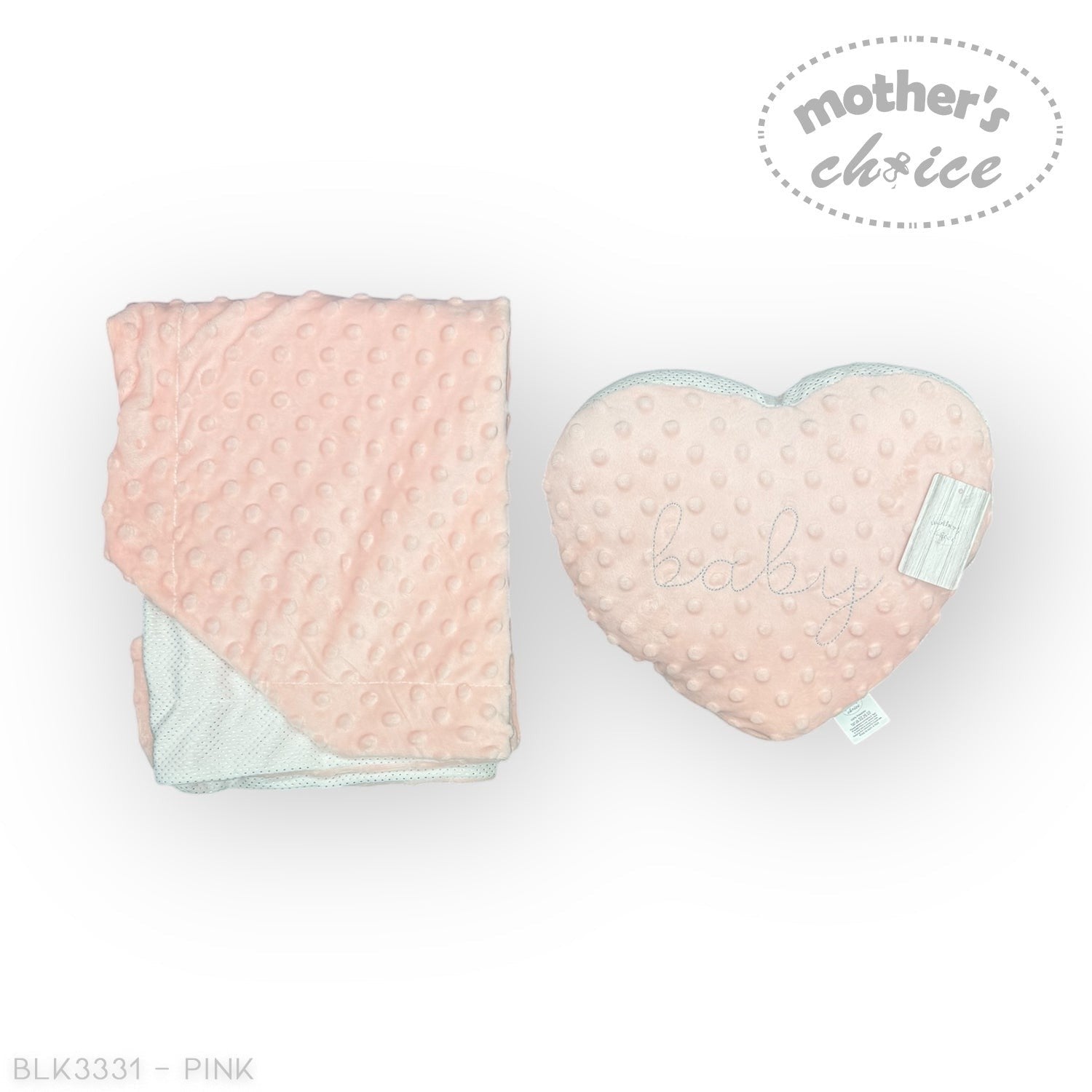 Pink textured blanket and heart-shaped pillow with 'mother's choice' branding on a white background.