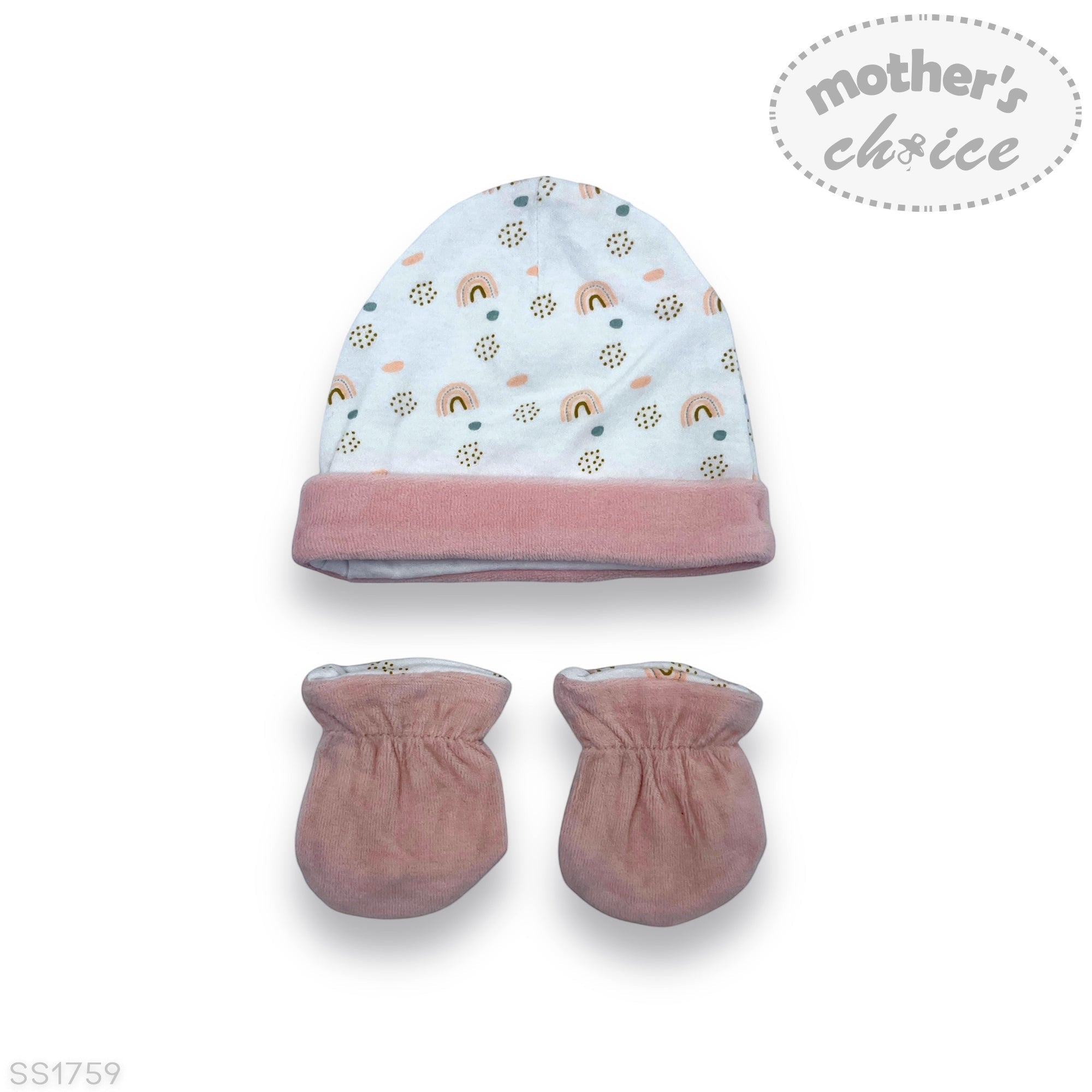 Baby hat and mittens set with 'Mother's Choice' branding on a white background