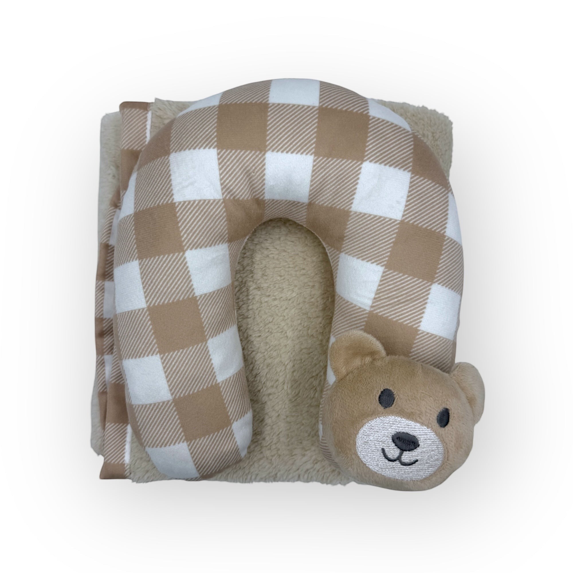 Neck pillow with checkered pattern and bear face design on a white background