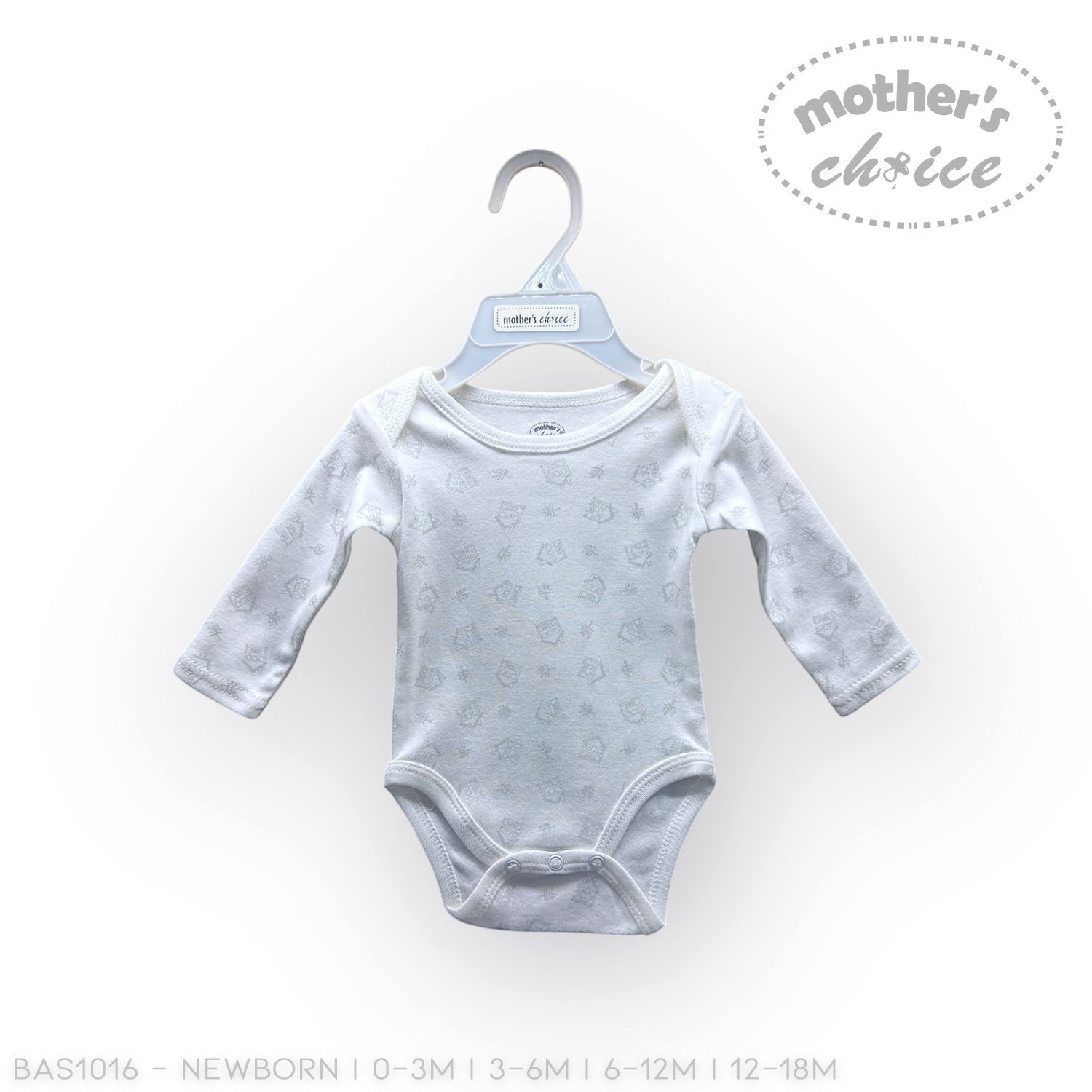 Baby bodysuit on a hanger with 'Mother's Choice' branding on a white background