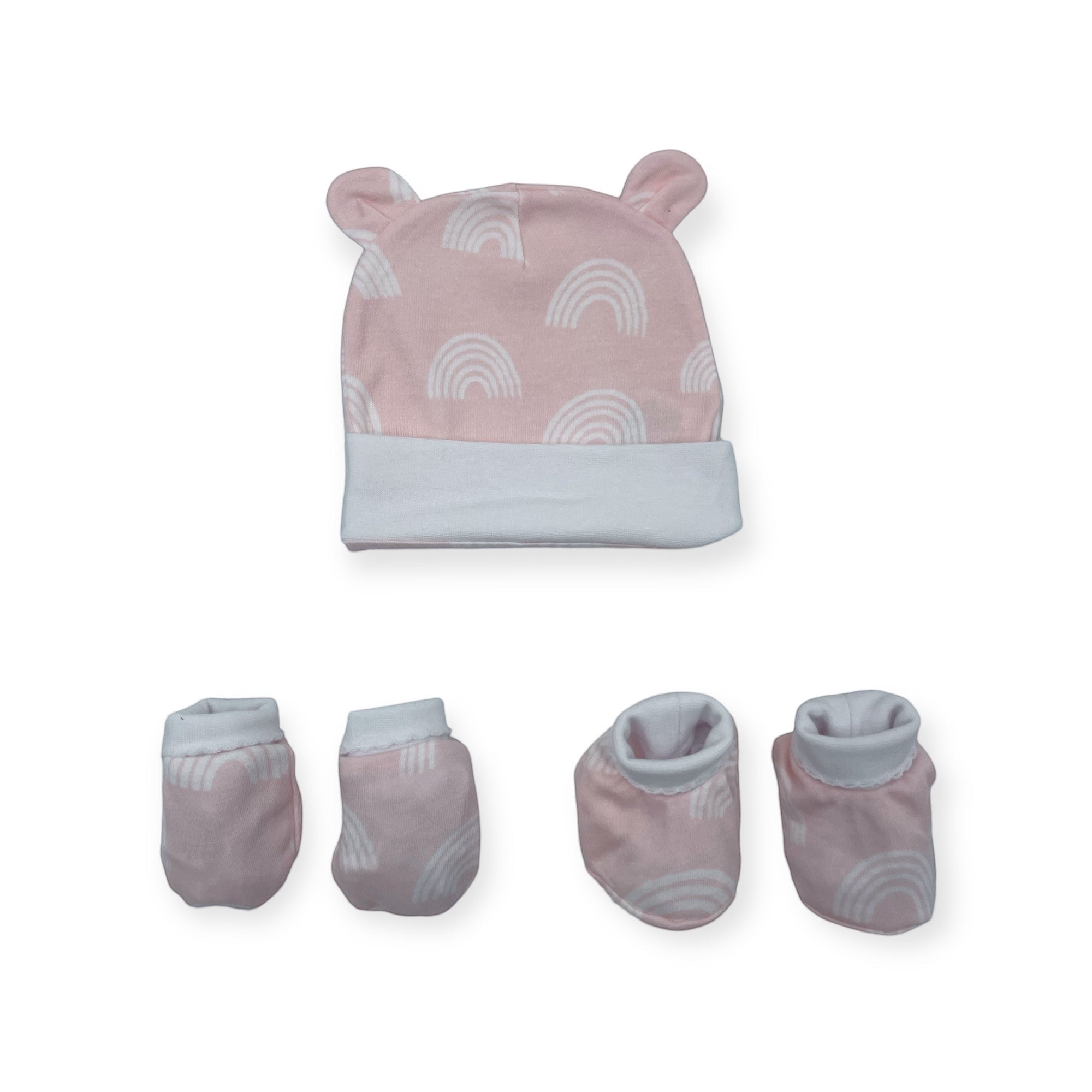 Baby hat and booties set with rainbow pattern on a white background