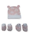 Baby hat and booties set with rainbow pattern on a white background