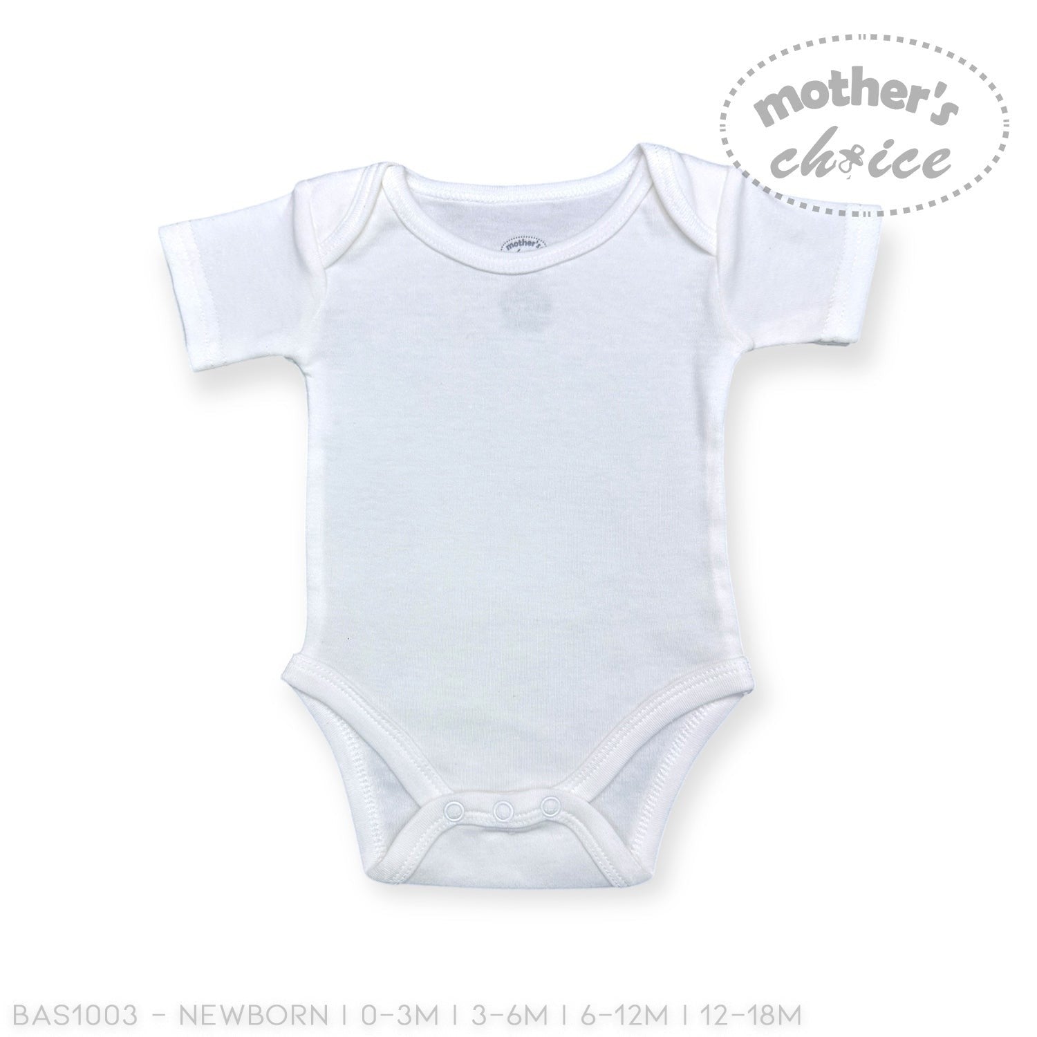 White baby onesie on a white background with 'Mother's Choice' branding.