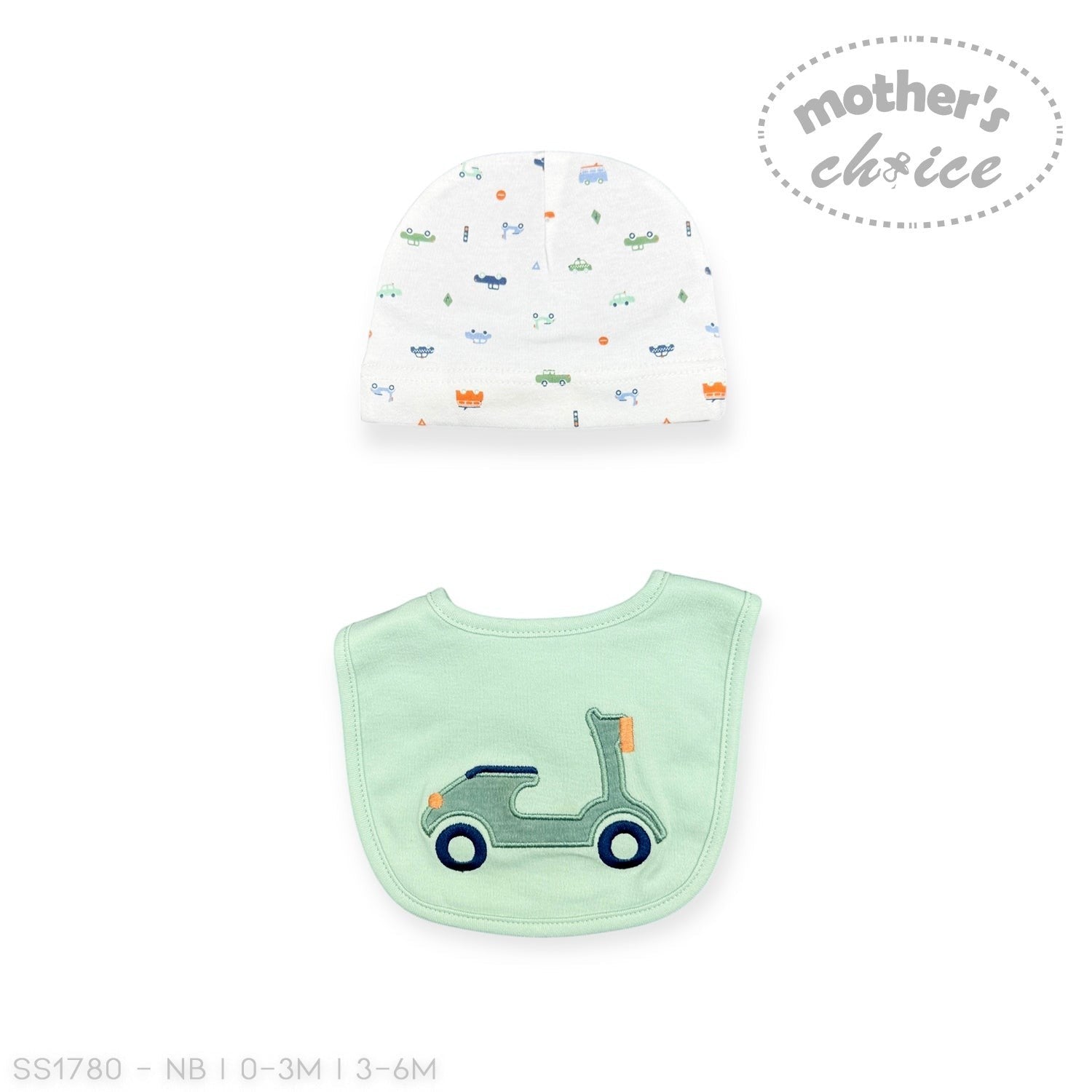 Baby bib and hat set with car design on a white background, branded 'Mother's Choice'.