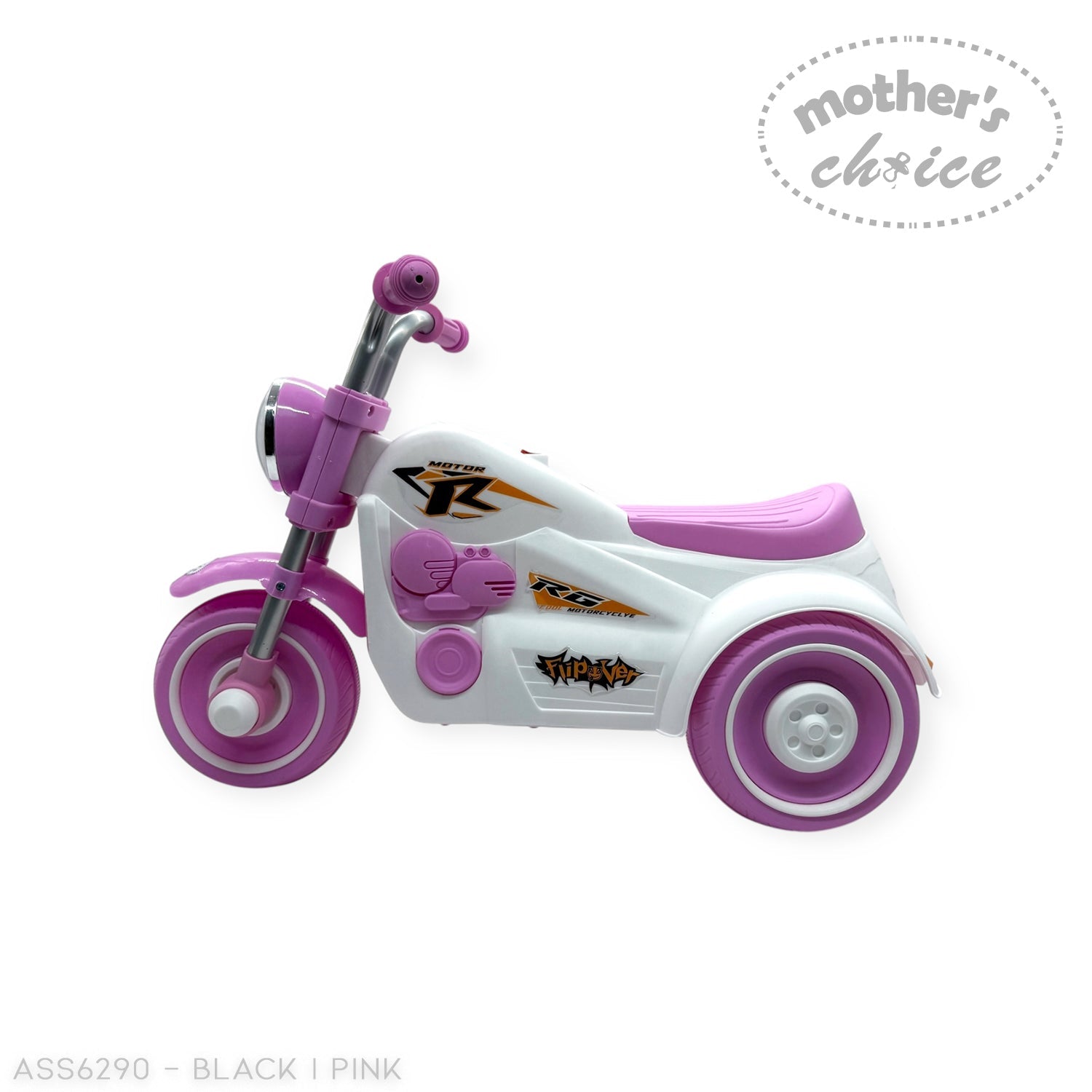 Black and pink toy tricycles with 'Mother's Choice' label on a white background
