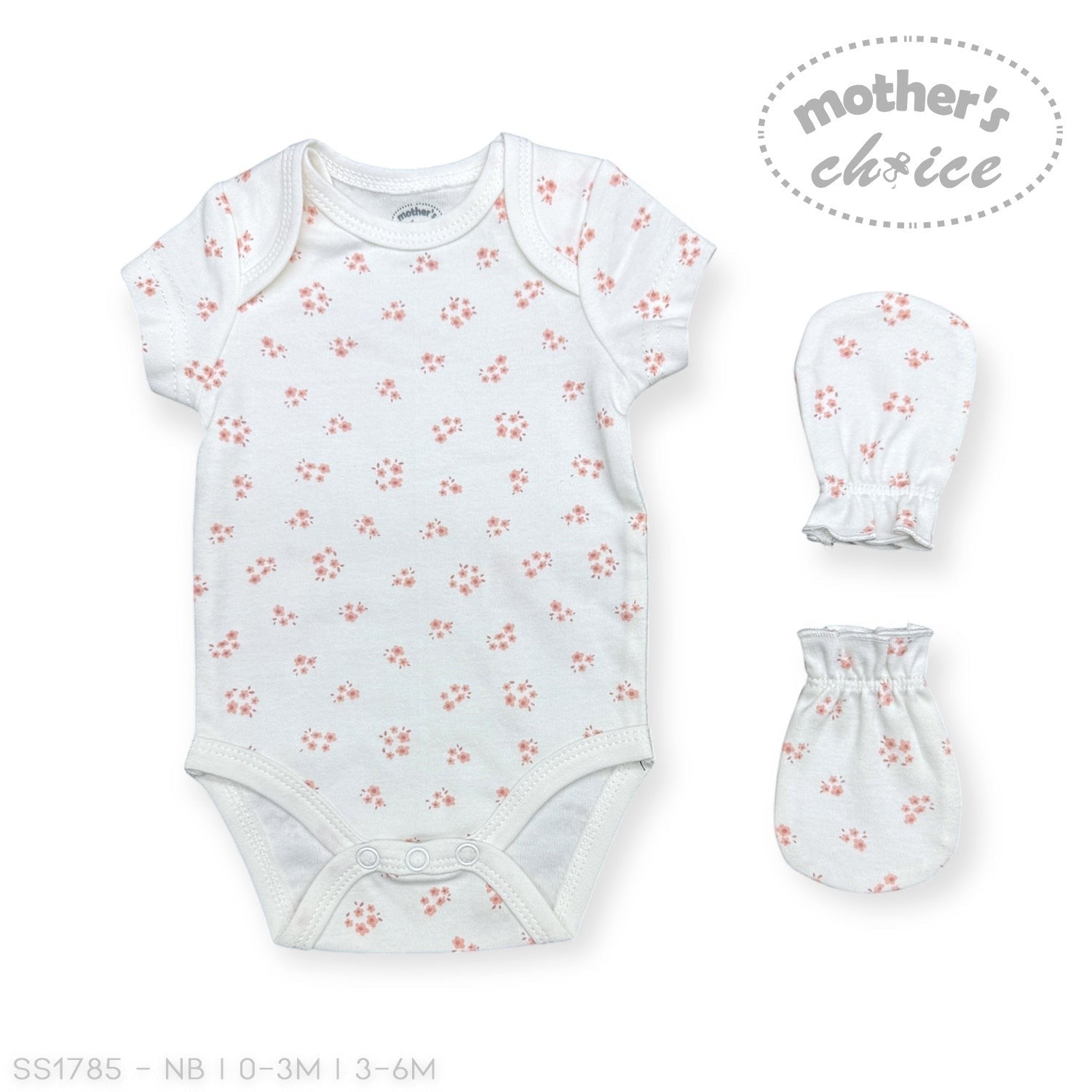 Baby bodysuit with floral pattern and matching hat and mittens on a white background, featuring 'Mother's Choice' branding.