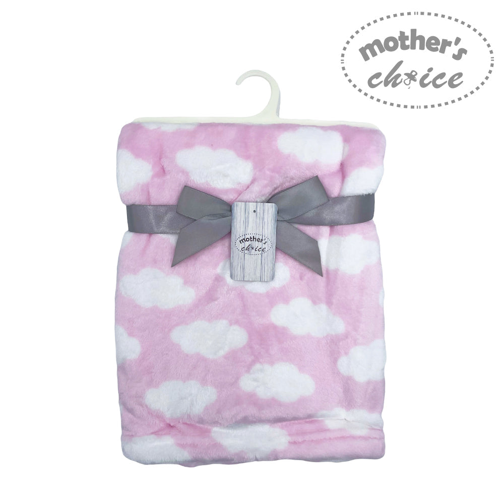 Pink and white cloud-patterned blanket with a gray bow and 'Mother's Choice' tag on a white background.