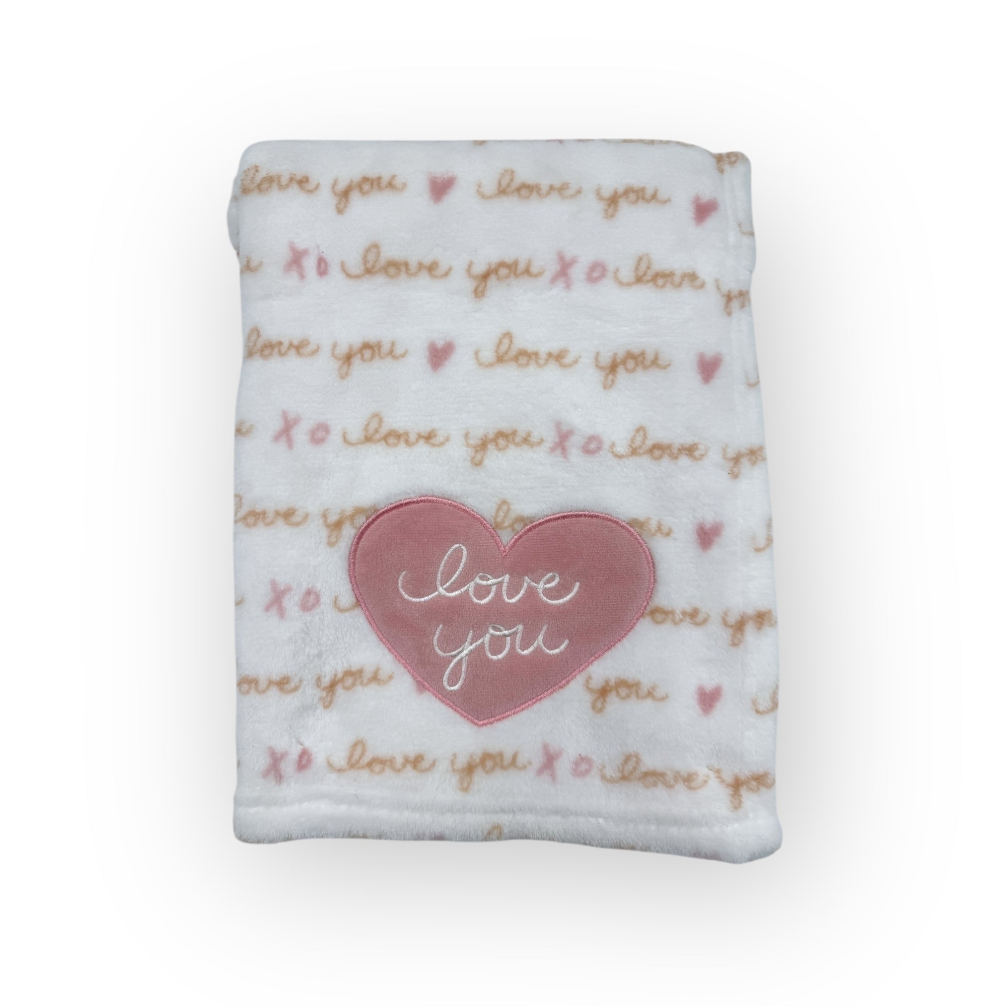 White blanket with 'love you' text and a pink heart on a white background
