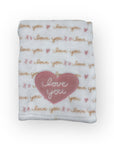 White blanket with 'love you' text and a pink heart on a white background