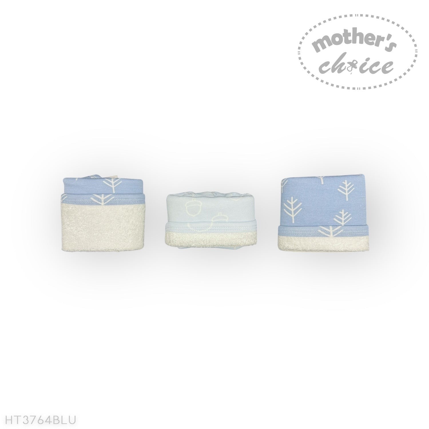 Three baby blankets with blue and white patterns on a white background, featuring 'Mother's Choice' branding.