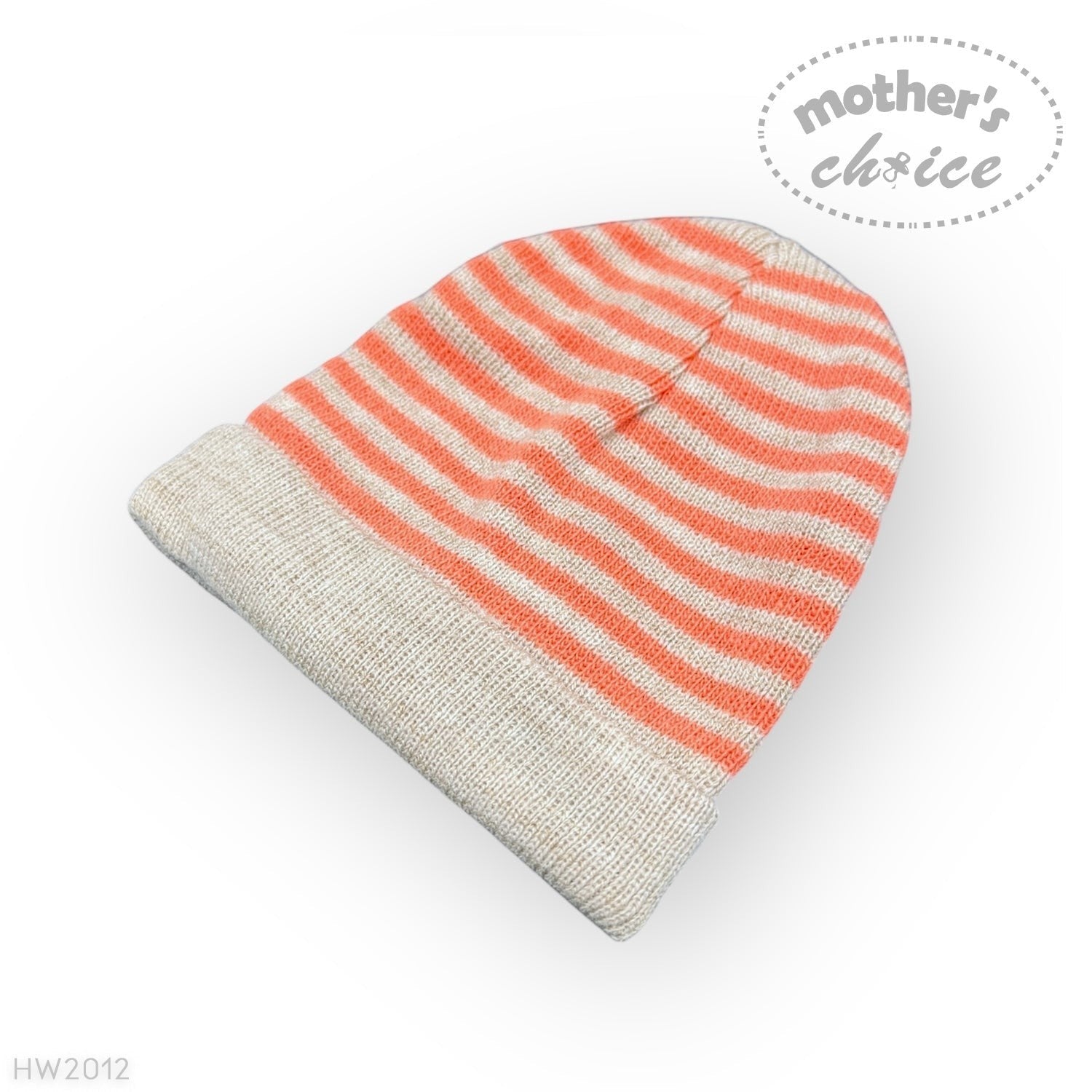 Striped baby hat with orange and beige pattern on a white background, featuring 'mother's choice' branding.