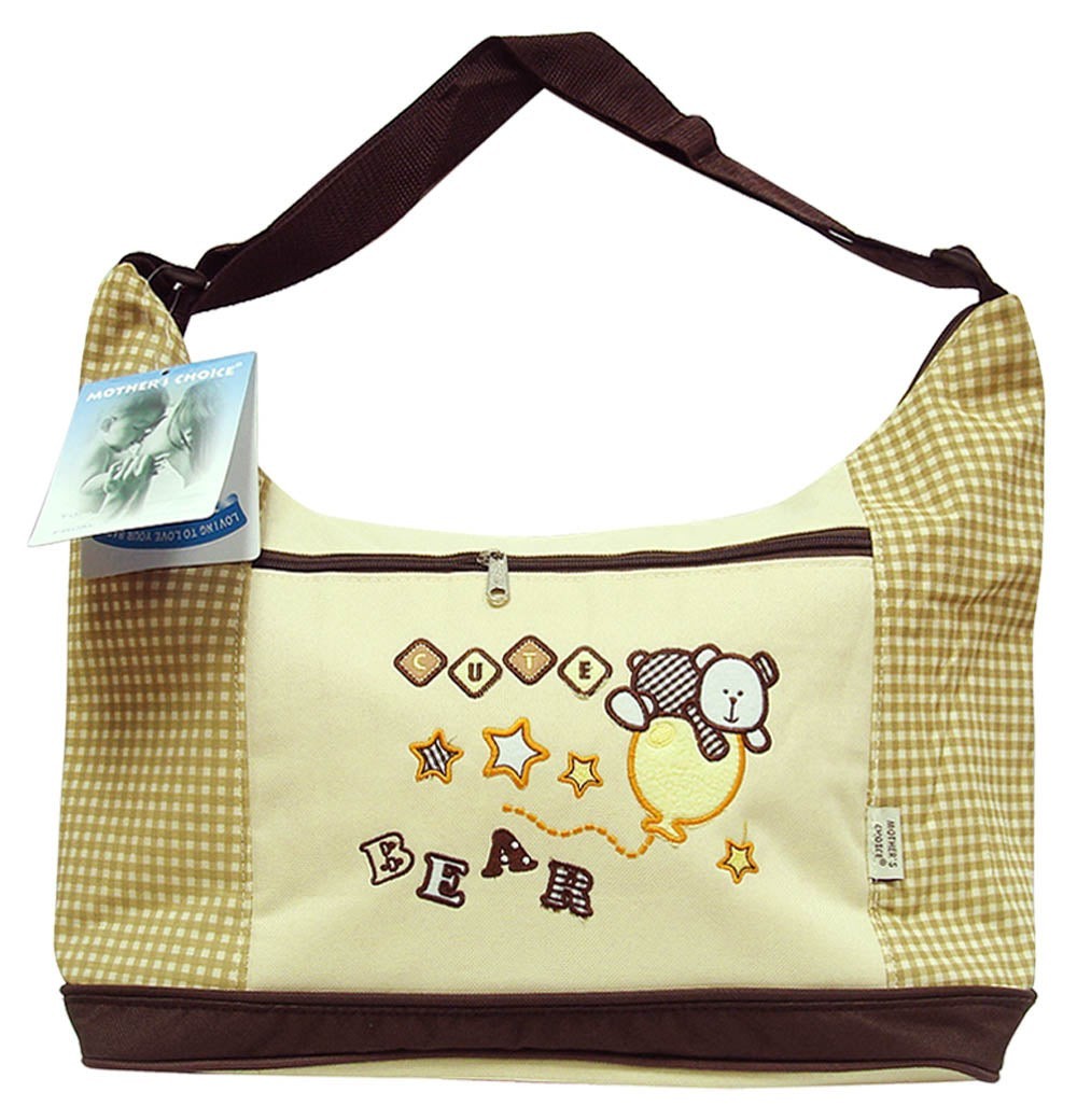 Beige bag with cartoon bear design and checkered pattern on a white background