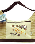 Beige bag with cartoon bear design and checkered pattern on a white background