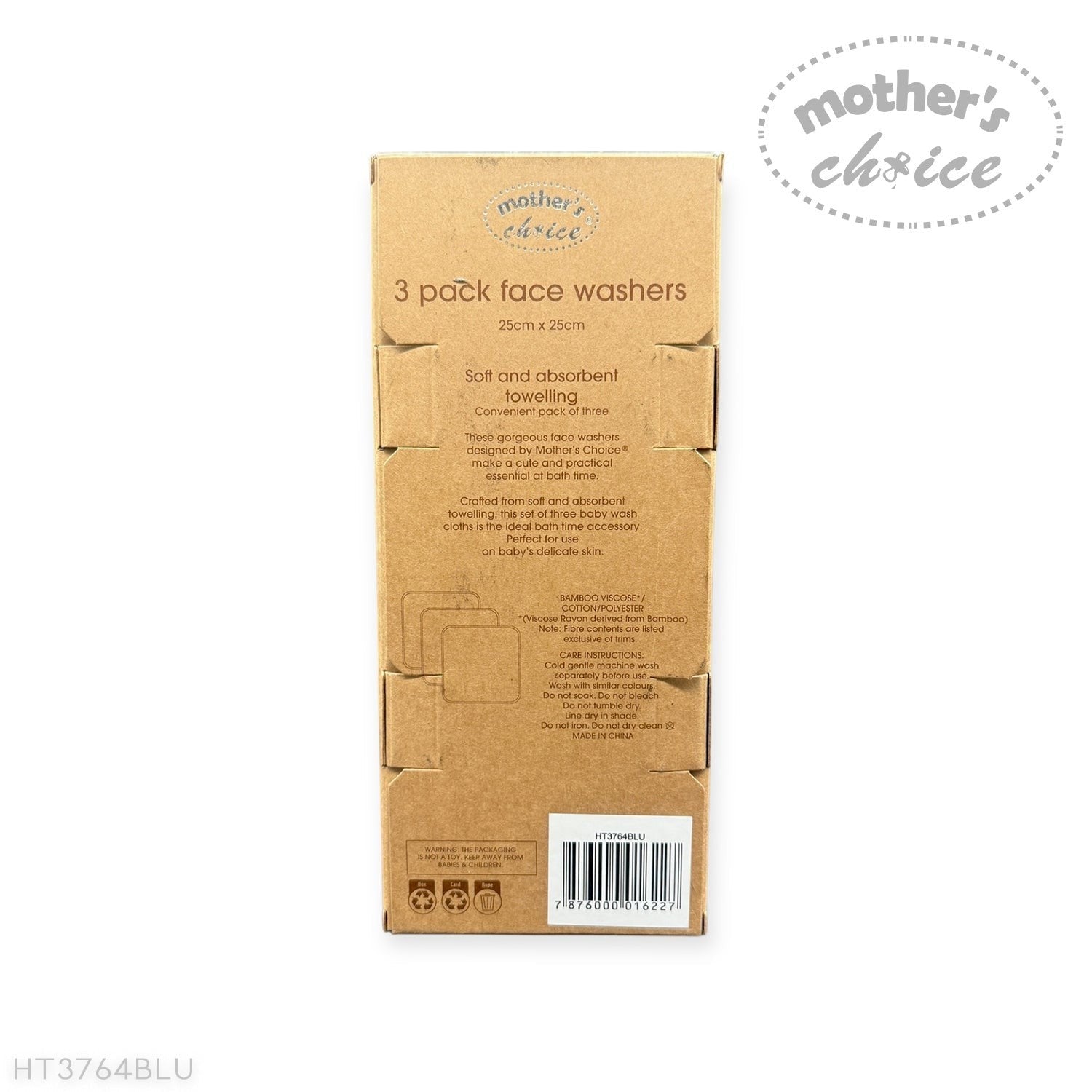 Cardboard packaging for 'Mother's Choice' 3-pack face washers on a white background.