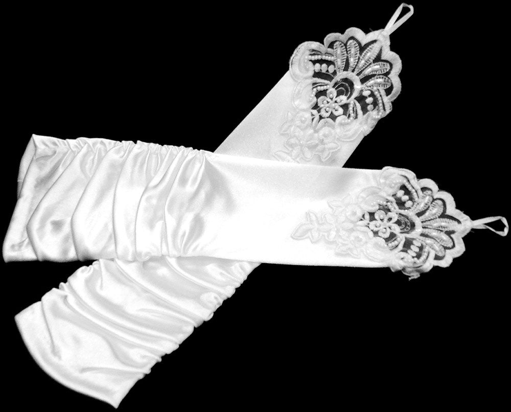 Mothers Choice Wedding Gloves Ladies Finger-Less Long White Satin With Motiv/Pearls