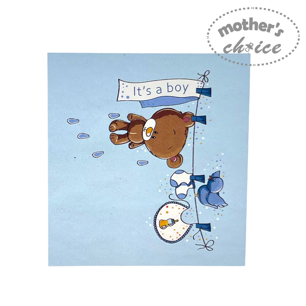 Baby shower card with teddy bear and 'It's a boy' banner on a light blue background
