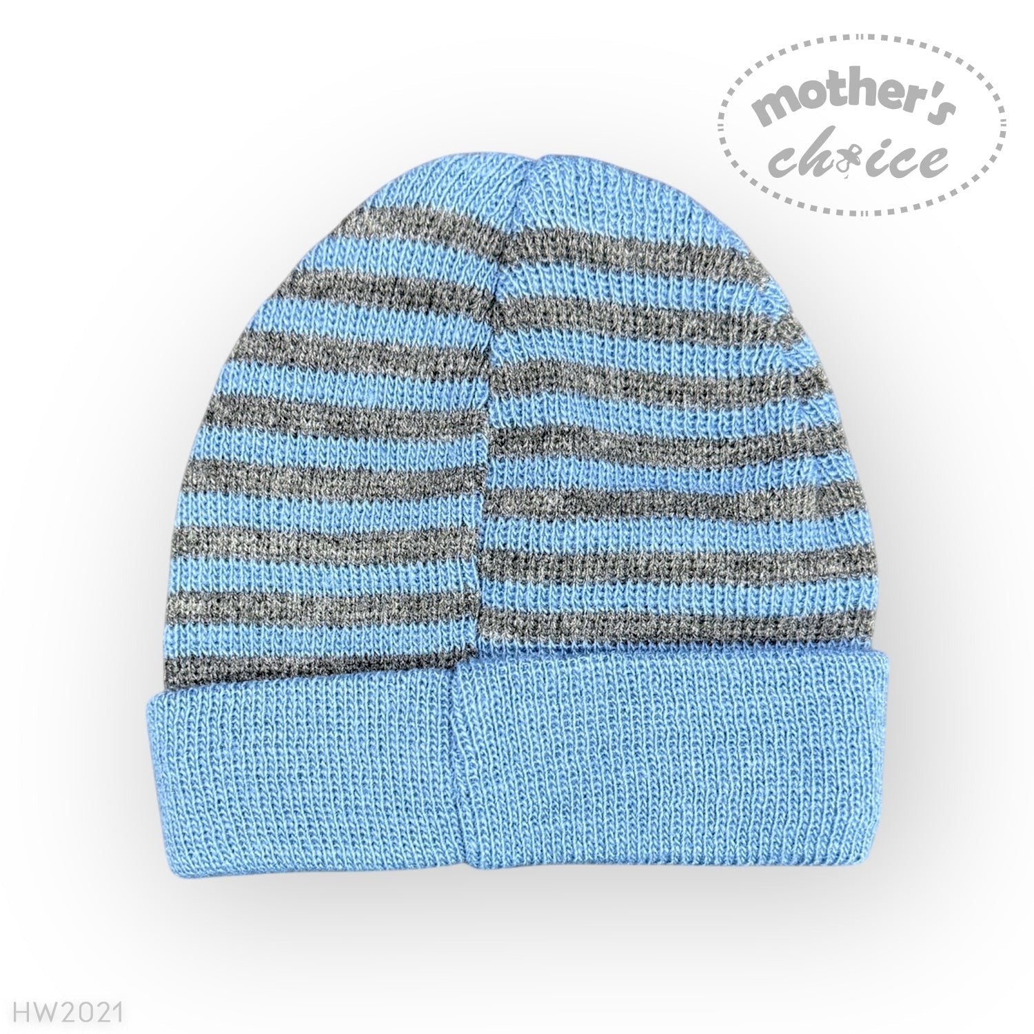 Blue and gray striped knit baby hat on a white background with 'Mother's Choice' branding.