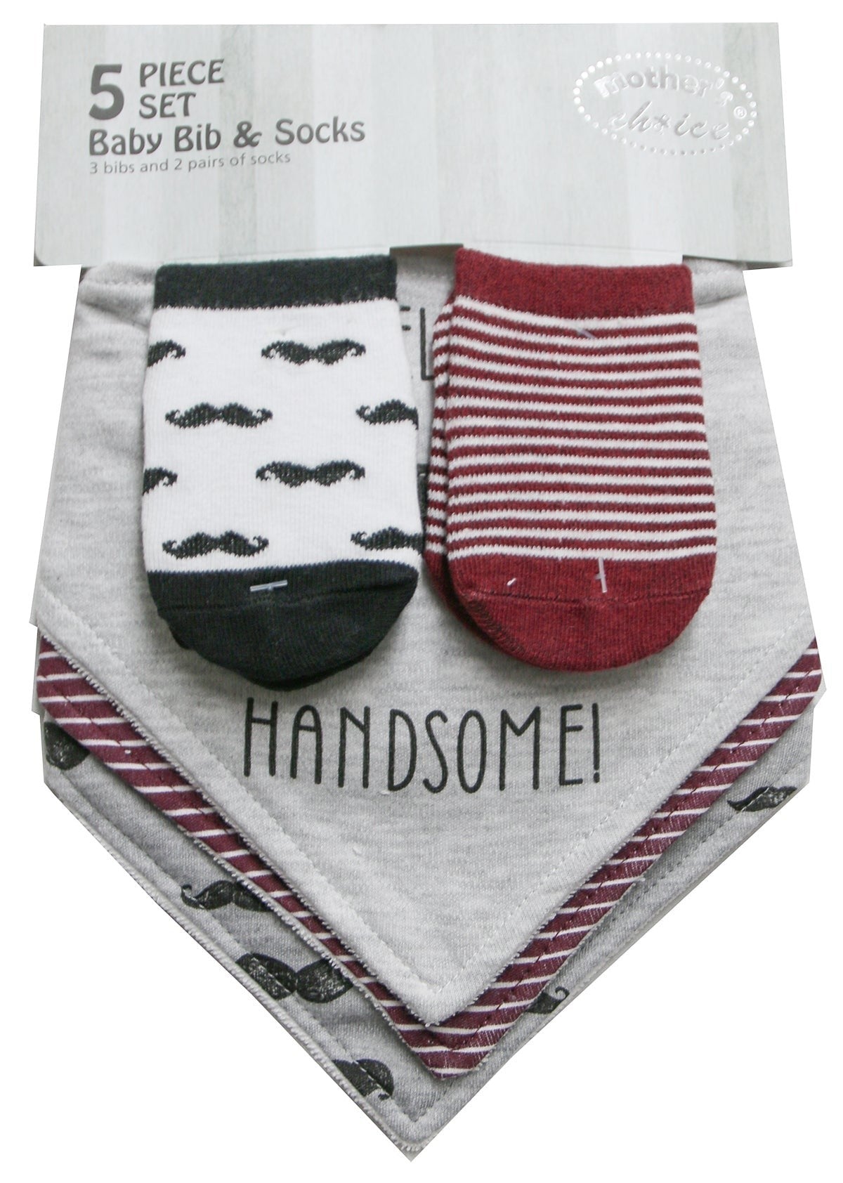 Baby bib and socks set with mustache pattern and 'HANDSOME!' text on a white background