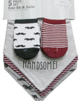 Baby bib and socks set with mustache pattern and 'HANDSOME!' text on a white background