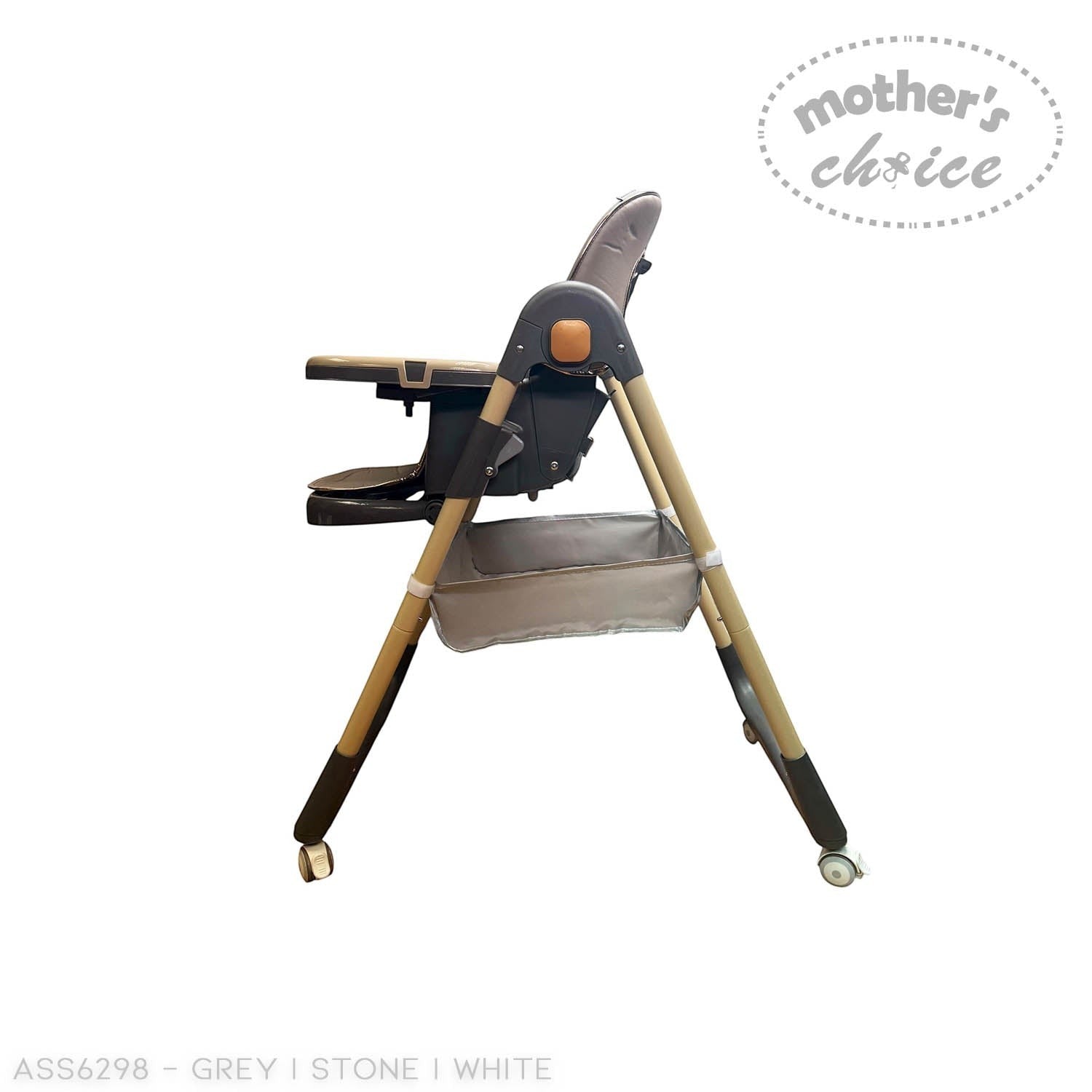 High chair with beige and brown design on a white background, featuring 'Mother's Choice' branding.