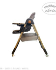 High chair with beige and brown design on a white background, featuring 'Mother's Choice' branding.