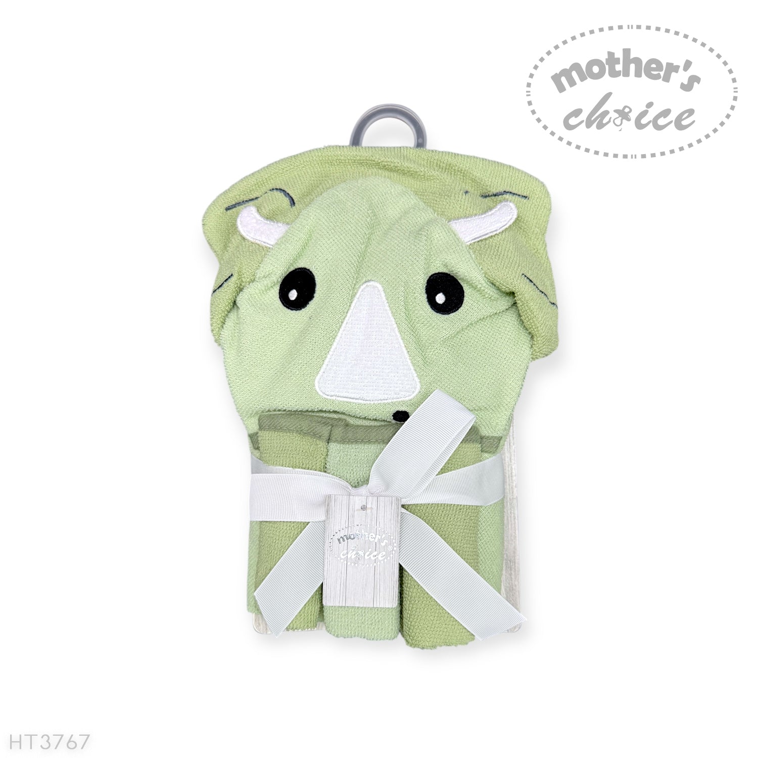Green baby towel with fox design on a white background, branded 'Mother's Choice'.