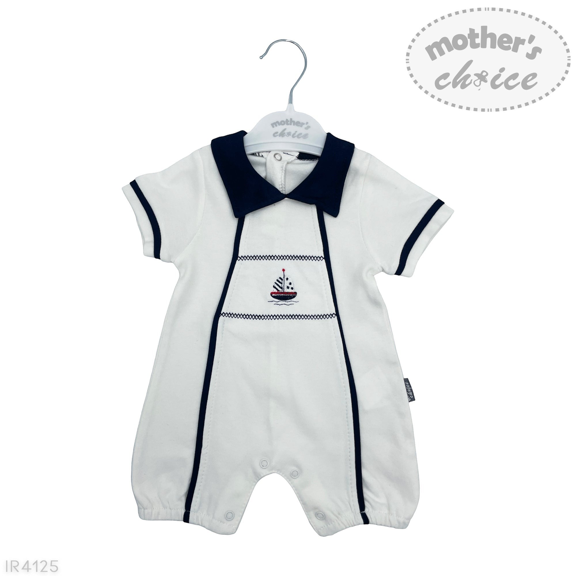 White baby romper with navy trim on a hanger, featuring 'mother's choice' branding.