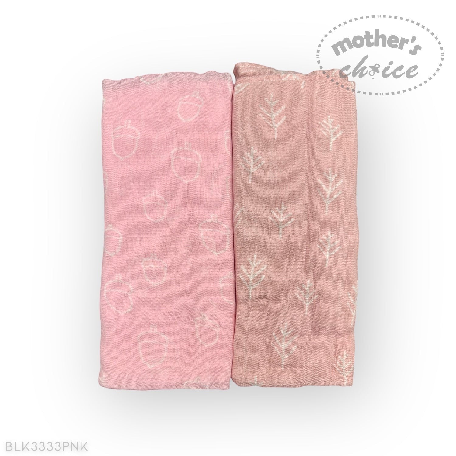 Two pink baby blankets with acorn and leaf patterns on a white background, branded 'Mother's Choice'.