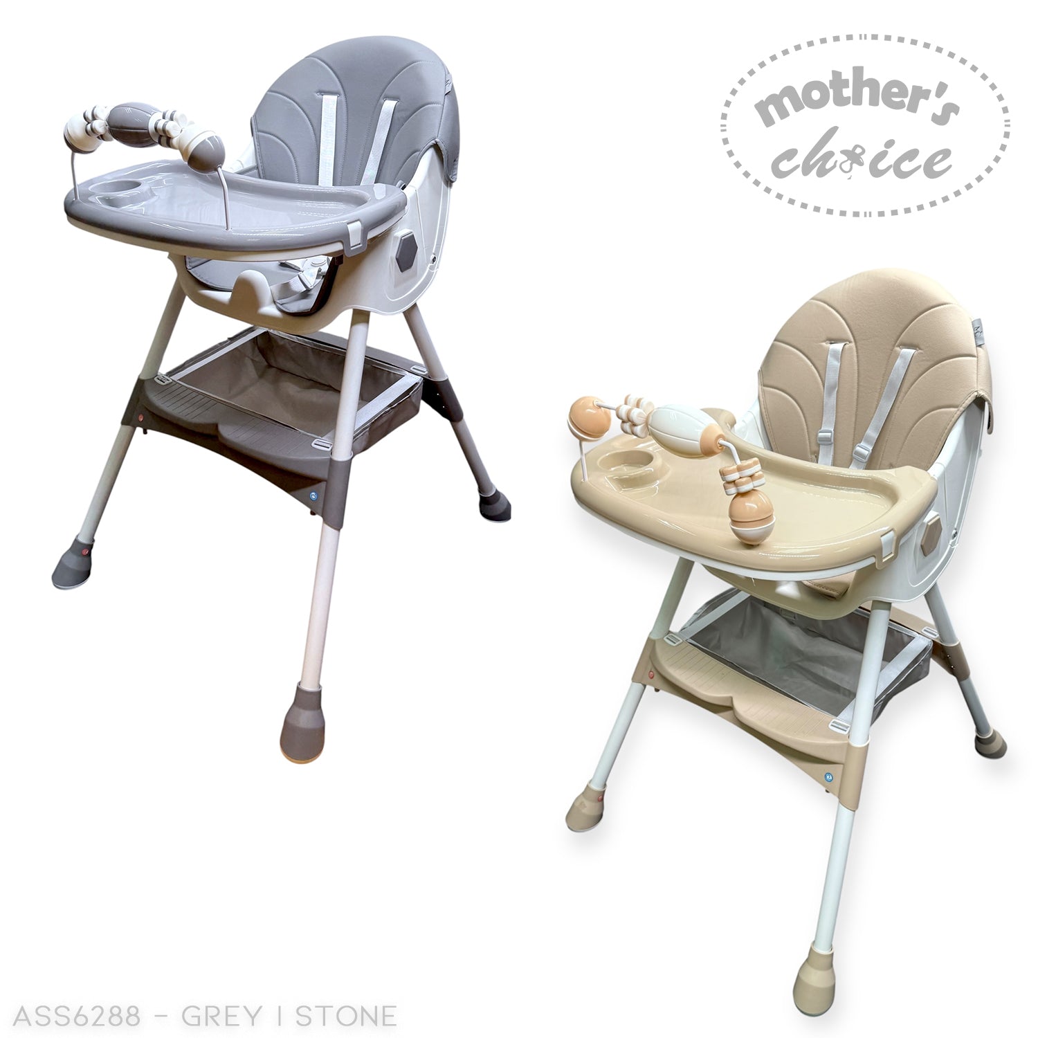 Two high chairs, one grey and one beige, with 'Mother's Choice' branding on a white background.