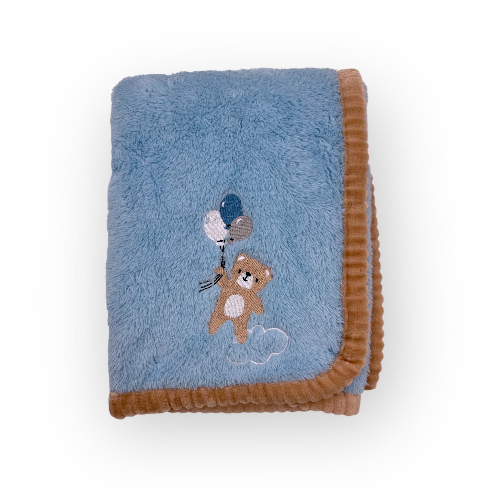Blue baby blanket with teddy bear design on a white background