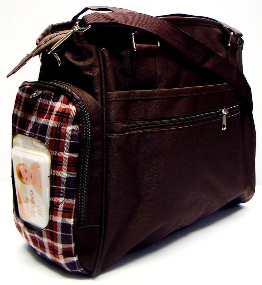 Brown diaper bag with plaid pocket on a white background