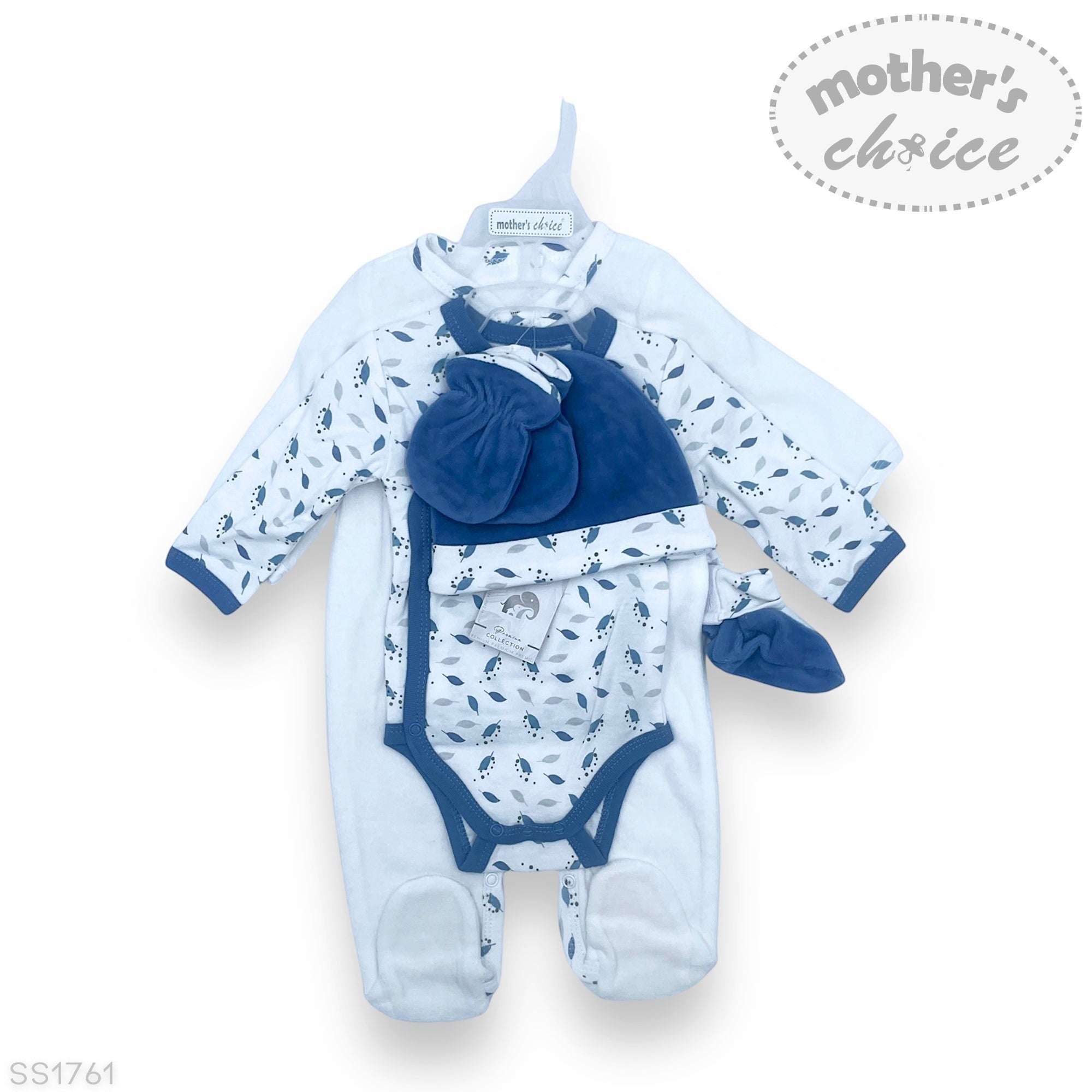 Baby clothing set with blue and white pattern on a white background, featuring 'mother's choice' branding.