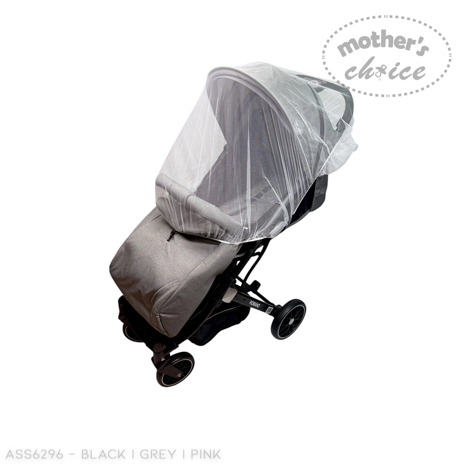 Gray stroller with a mesh cover on a white background, branded 'Mother's Choice'.