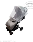 Gray stroller with a mesh cover on a white background, branded 'Mother's Choice'.