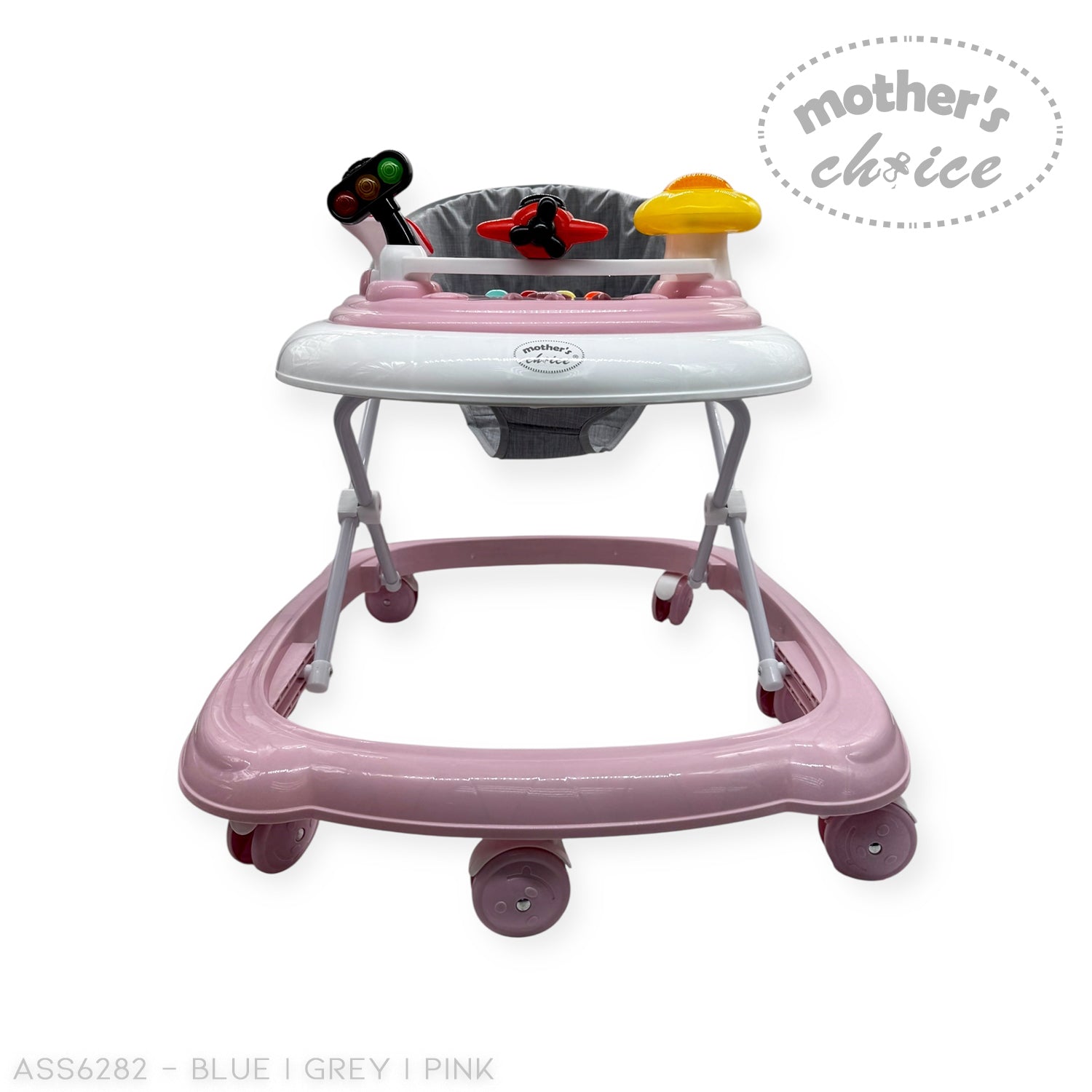 Pink baby walker with toys on a white background, featuring 'Mother's Choice' branding.