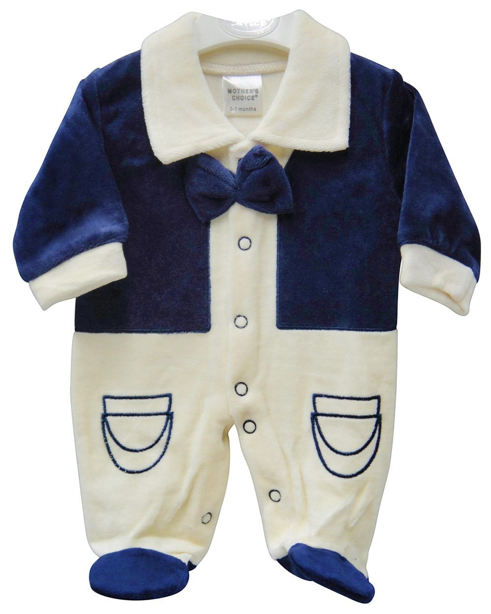 Baby romper with navy blue and white design on a white background