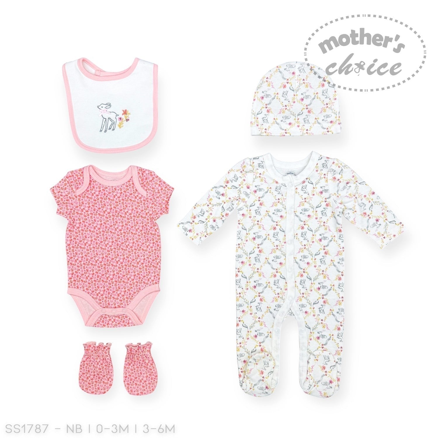 Baby clothing set with onesie, romper, bib, and hat on a white background