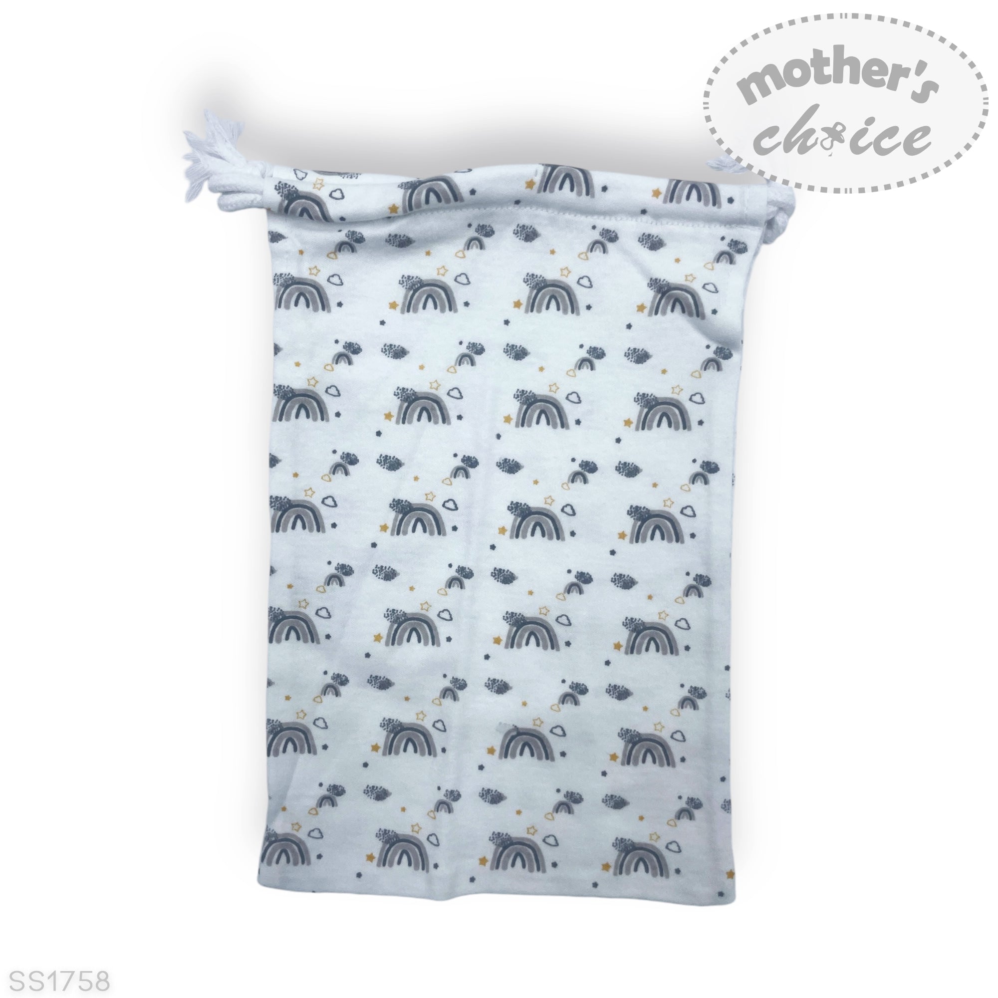 Baby swaddle with rainbow pattern on a white background, branded 'Mother's Choice'.