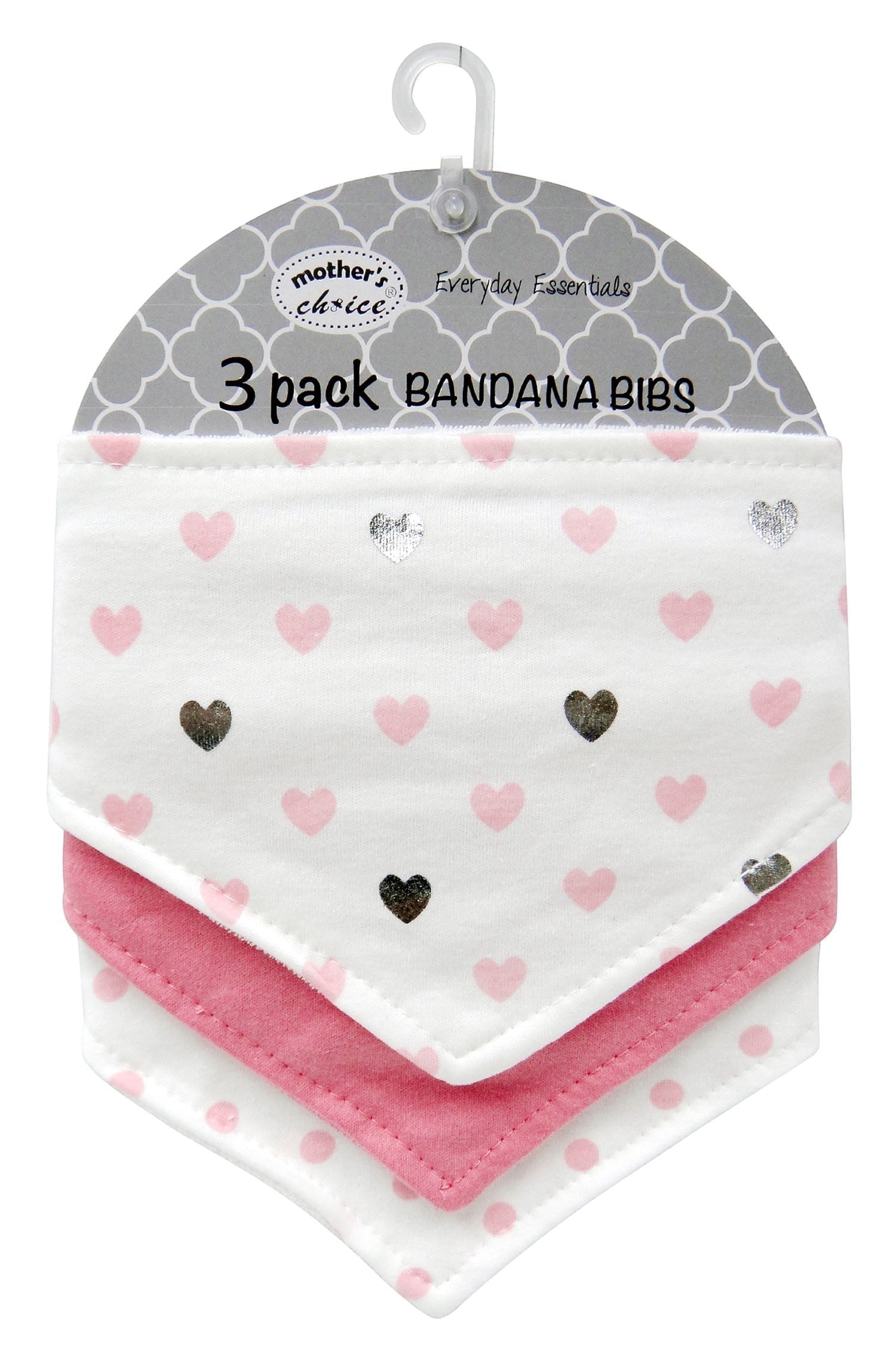 Three bandana bibs with heart patterns in packaging on a white background