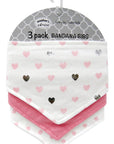 Three bandana bibs with heart patterns in packaging on a white background
