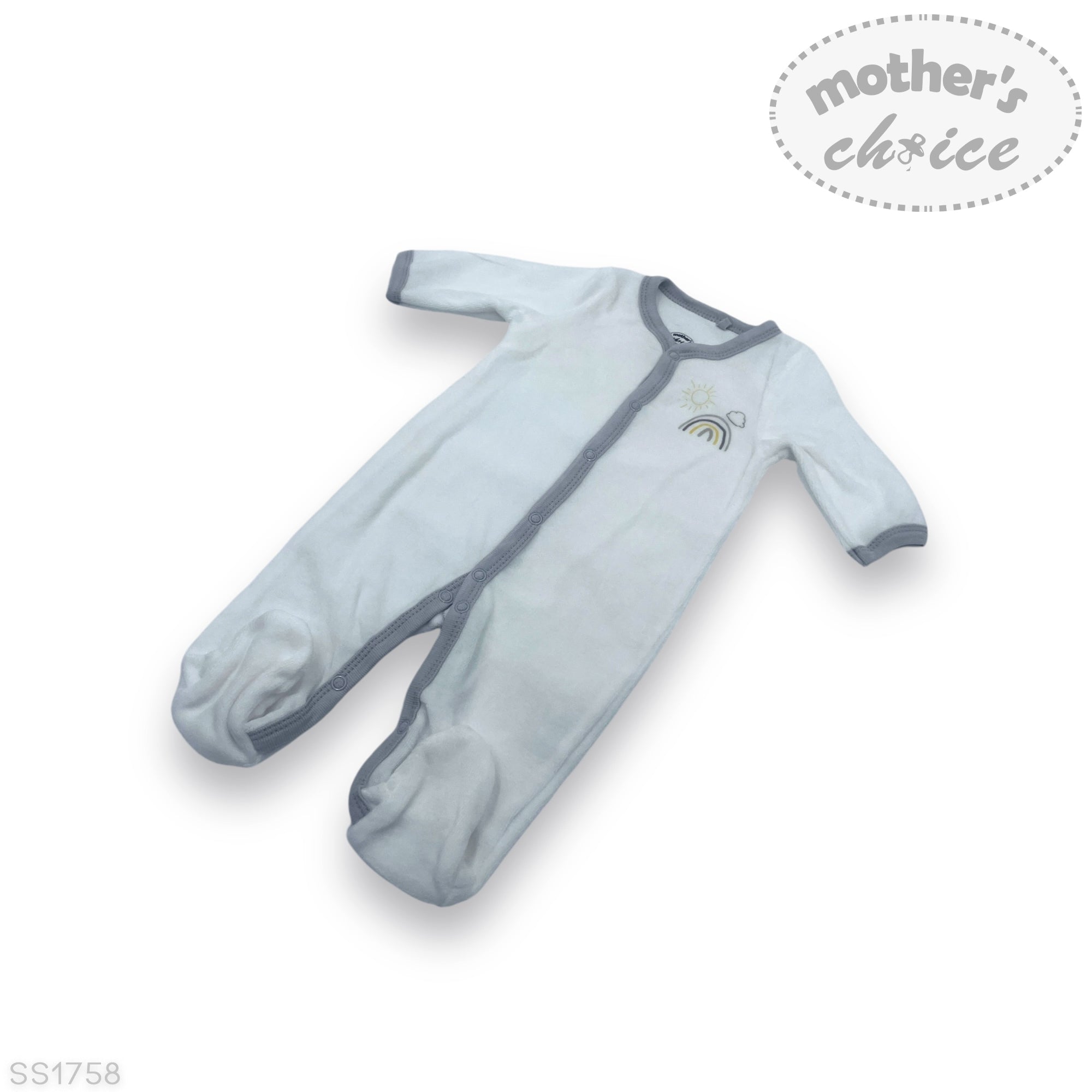 Baby onesie with gray trim on a white background, featuring 'Mother's Choice' branding.