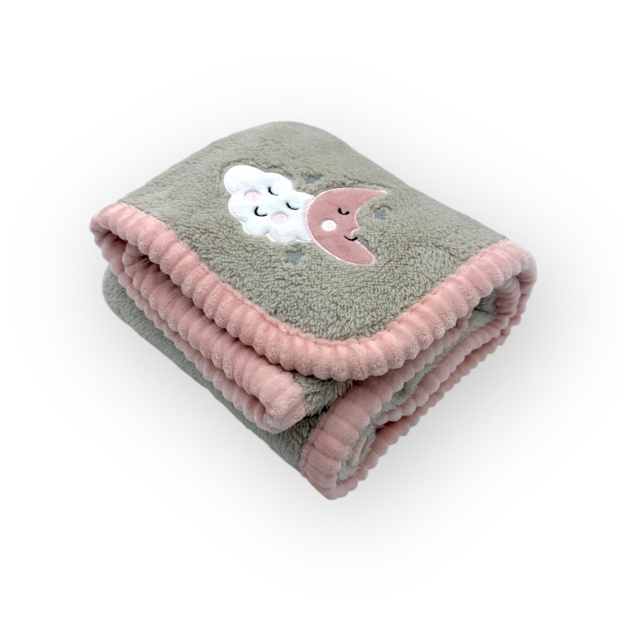 Folded blanket with cloud and moon design on a white background