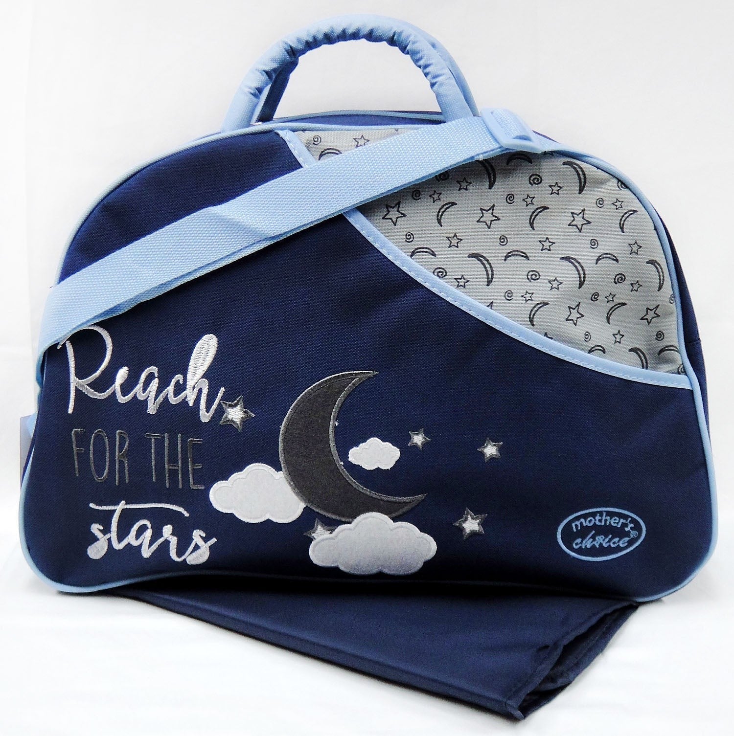 Navy blue baby bag with moon, star, and cloud design, featuring 'Reach for the stars' text, on a white background.