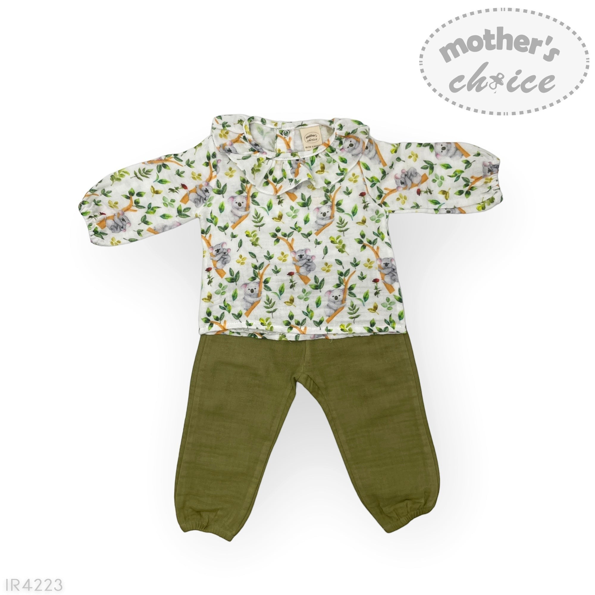 Baby outfit with patterned top and green pants on a white background, featuring 'mother's choice' branding.