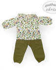 Baby outfit with patterned top and green pants on a white background, featuring 'mother's choice' branding.