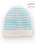 Striped baby hat with 'Mother's Choice' branding on a white background