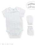 Baby bodysuit and hat set with star pattern on a white background, branded 'Mother's Choice'.