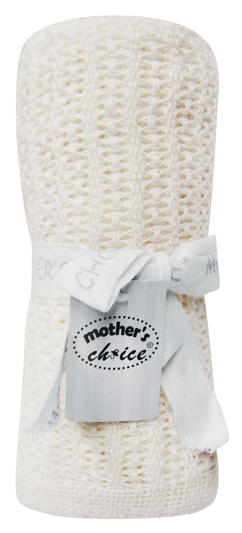 White textured blanket with a 'Mother's Choice' tag on a white background