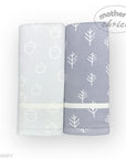 Two baby blankets with acorn and tree pattern on a white background, branded 'Mother's Choice'.