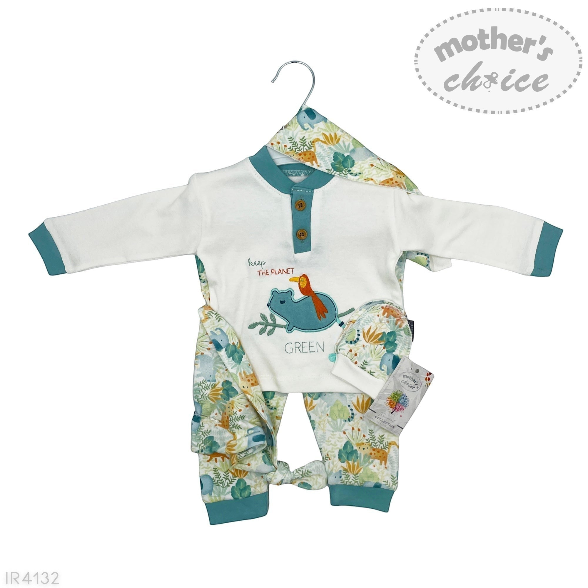 Baby outfit set with long-sleeve shirt, pants, and hat on a hanger with 'mother's choice' branding.